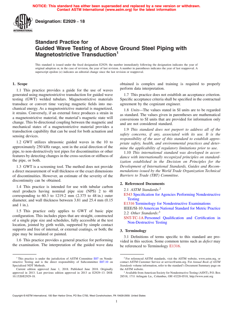 ASTM E2929-18 - Standard Practice for Guided Wave Testing of Above Ground Steel Piping with Magnetostrictive  Transduction