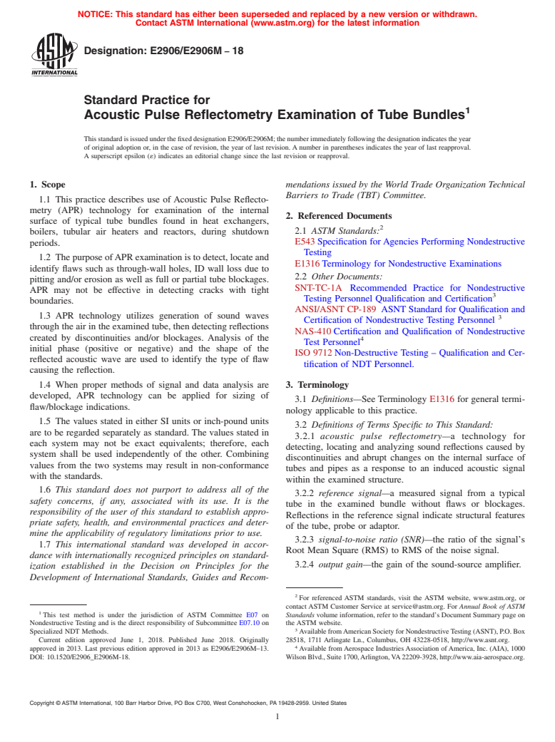 ASTM E2906/E2906M-18 - Standard Practice for Acoustic Pulse Reflectometry Examination of Tube Bundles