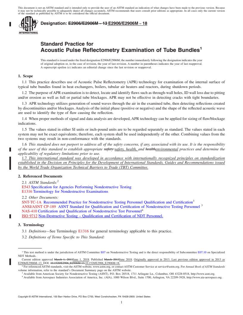 REDLINE ASTM E2906/E2906M-18 - Standard Practice for Acoustic Pulse Reflectometry Examination of Tube Bundles