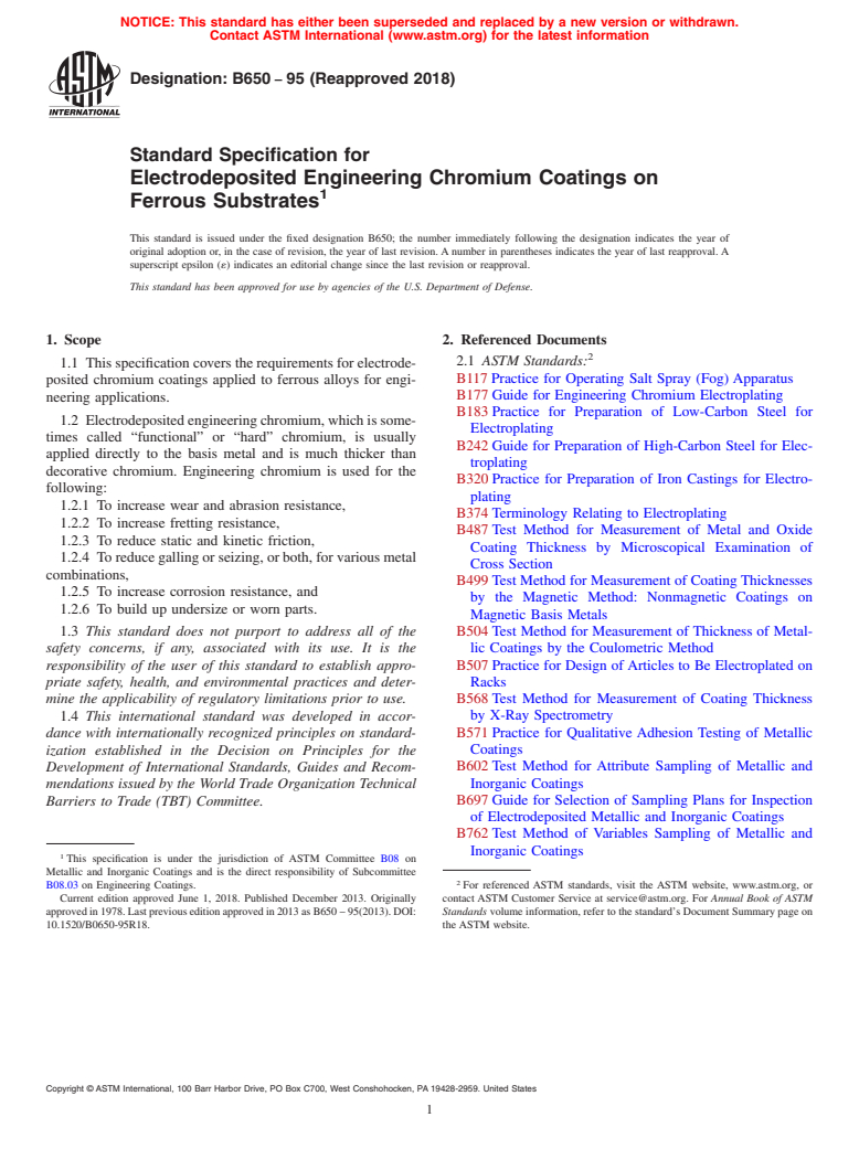 ASTM B650-95(2018) - Standard Specification for  Electrodeposited Engineering Chromium Coatings on Ferrous Substrates