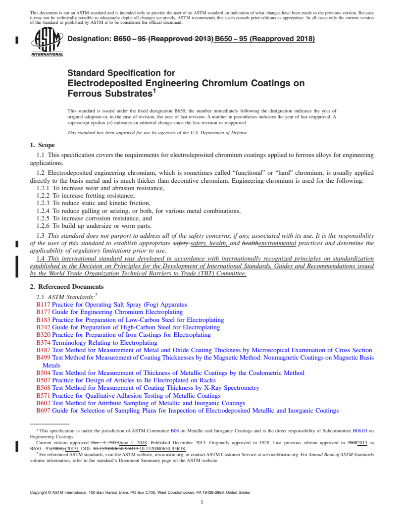 REDLINE ASTM B650-95(2018) - Standard Specification for  Electrodeposited Engineering Chromium Coatings on Ferrous Substrates