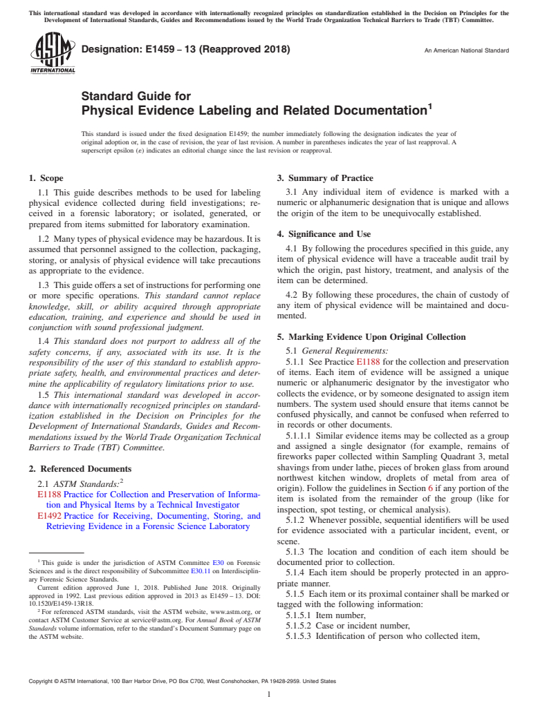 ASTM E1459-13(2018) - Standard Guide for  Physical Evidence Labeling and Related Documentation