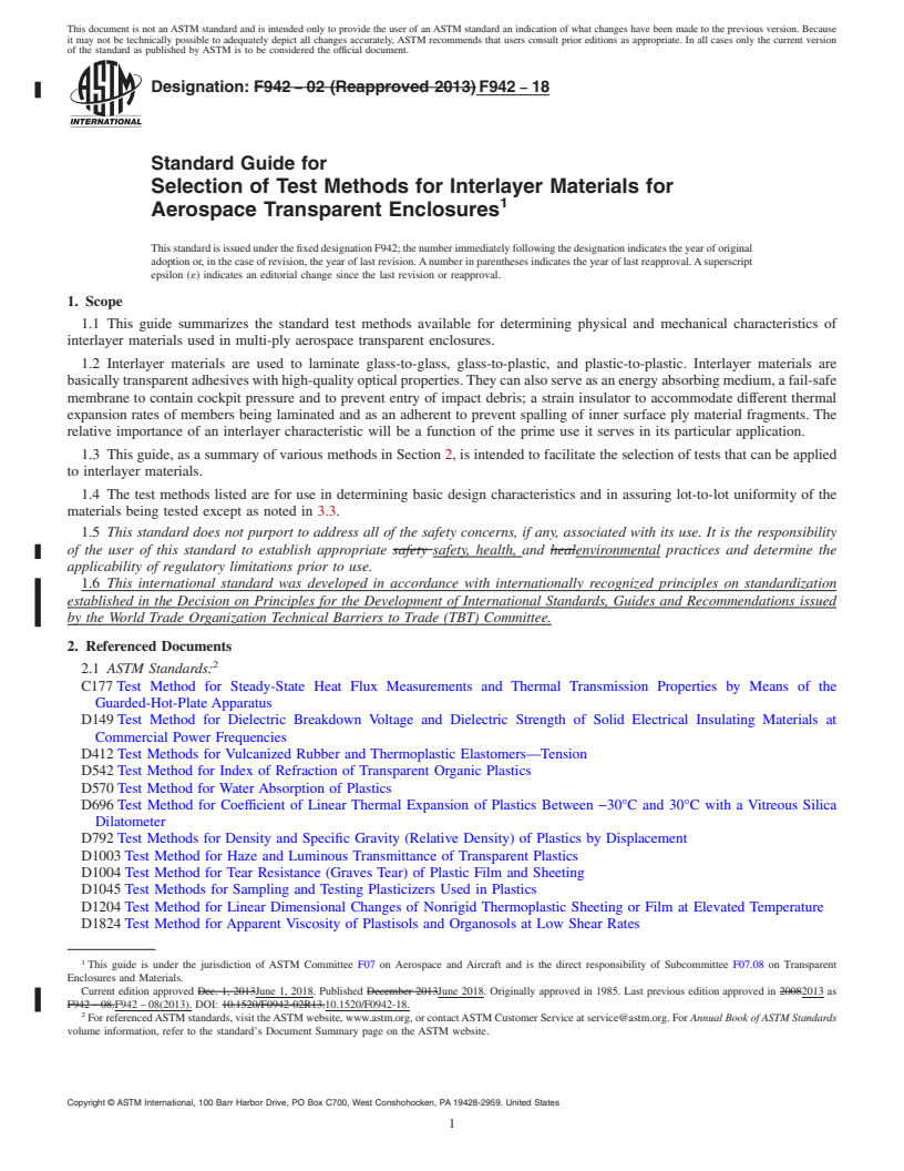 REDLINE ASTM F942-18 - Standard Guide for  Selection of Test Methods for Interlayer Materials for Aerospace  Transparent Enclosures