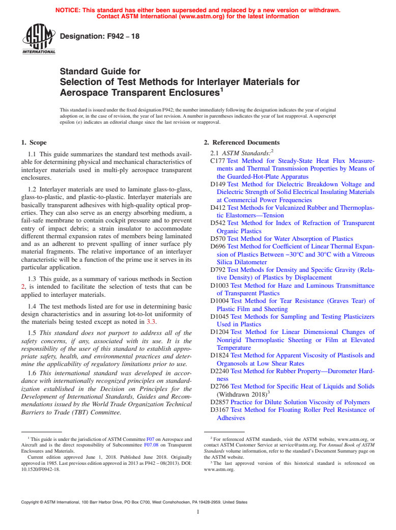 ASTM F942-18 - Standard Guide for  Selection of Test Methods for Interlayer Materials for Aerospace  Transparent Enclosures