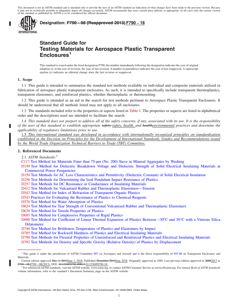 REDLINE ASTM F790-18 - Standard Guide for  Testing Materials for Aerospace Plastic Transparent Enclosures