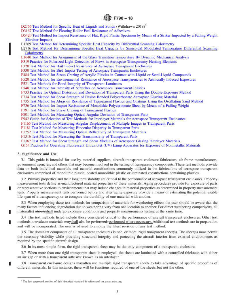 REDLINE ASTM F790-18 - Standard Guide for  Testing Materials for Aerospace Plastic Transparent Enclosures