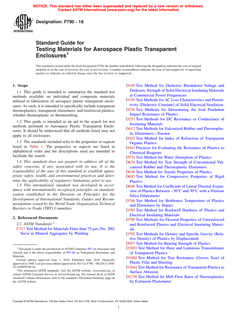 ASTM F790-18 - Standard Guide for  Testing Materials for Aerospace Plastic Transparent Enclosures