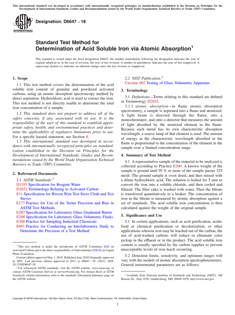 ASTM D6647-18 - Standard Test Method for Determination of Acid Soluble Iron via Atomic Absorption