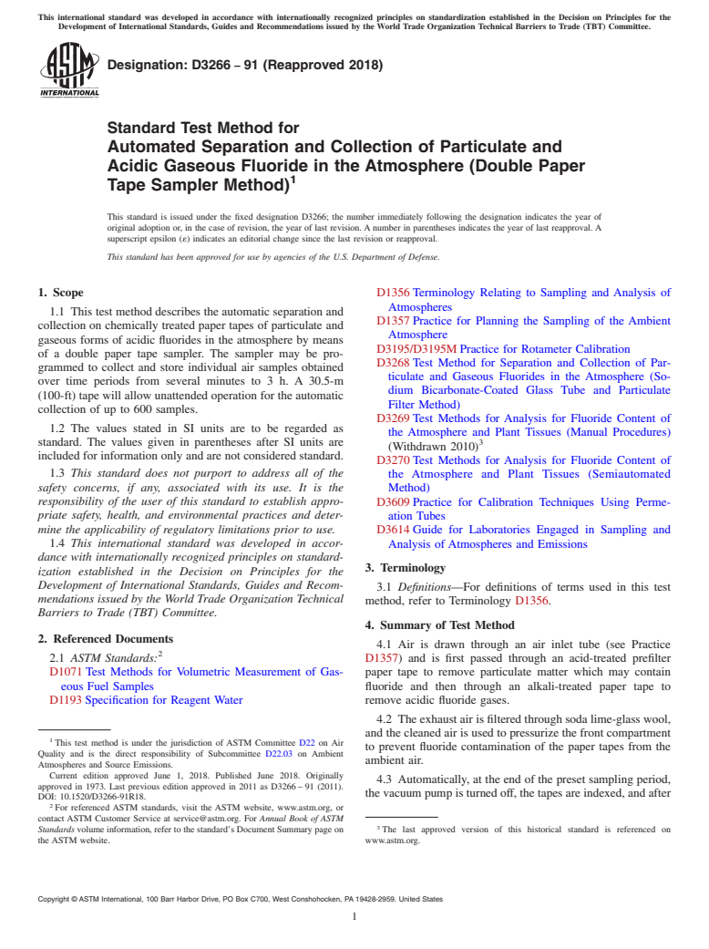 ASTM D3266-91(2018) - Standard Test Method for  Automated Separation and Collection of Particulate and Acidic  Gaseous Fluoride in the Atmosphere (Double Paper Tape Sampler Method)