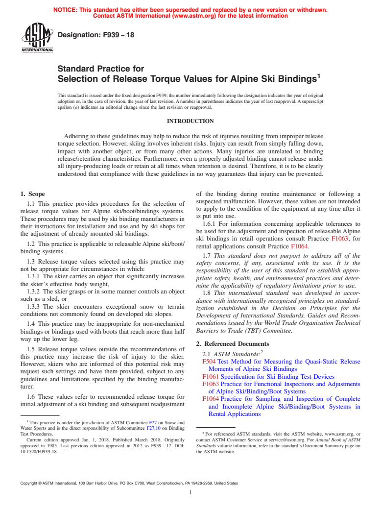 ASTM F939-18 - Standard Practice for Selection of Release Torque Values for Alpine Ski Bindings