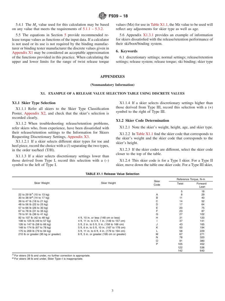 ASTM F939-18 - Standard Practice for Selection of Release Torque Values for Alpine Ski Bindings