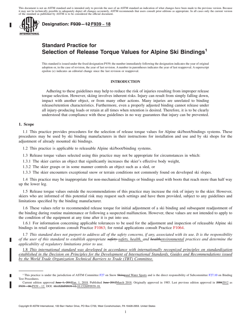 REDLINE ASTM F939-18 - Standard Practice for Selection of Release Torque Values for Alpine Ski Bindings