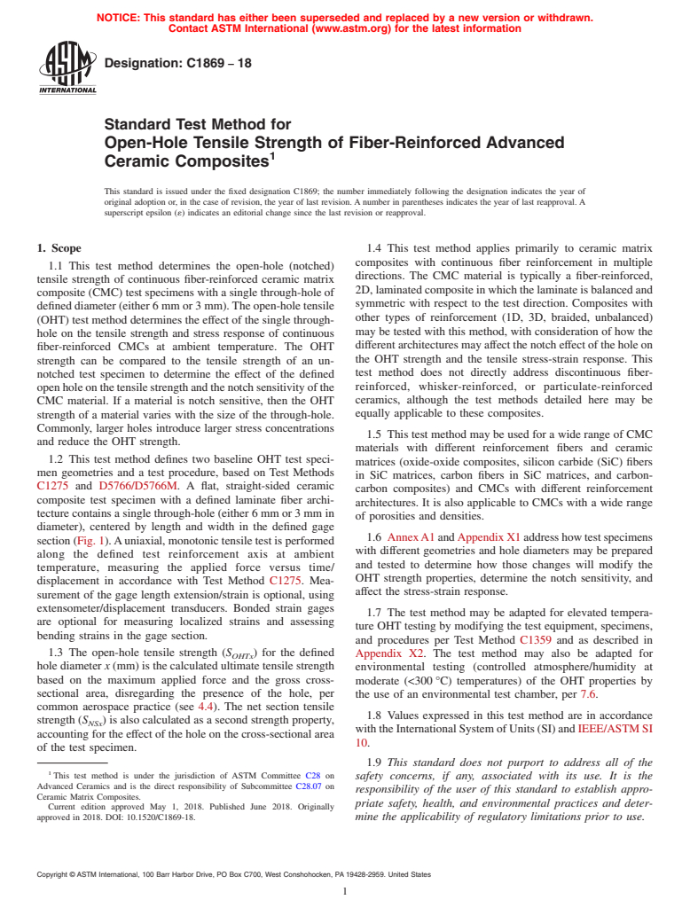 ASTM C1869-18 - Standard Test Method for Open-Hole Tensile Strength of Fiber-Reinforced Advanced Ceramic  Composites