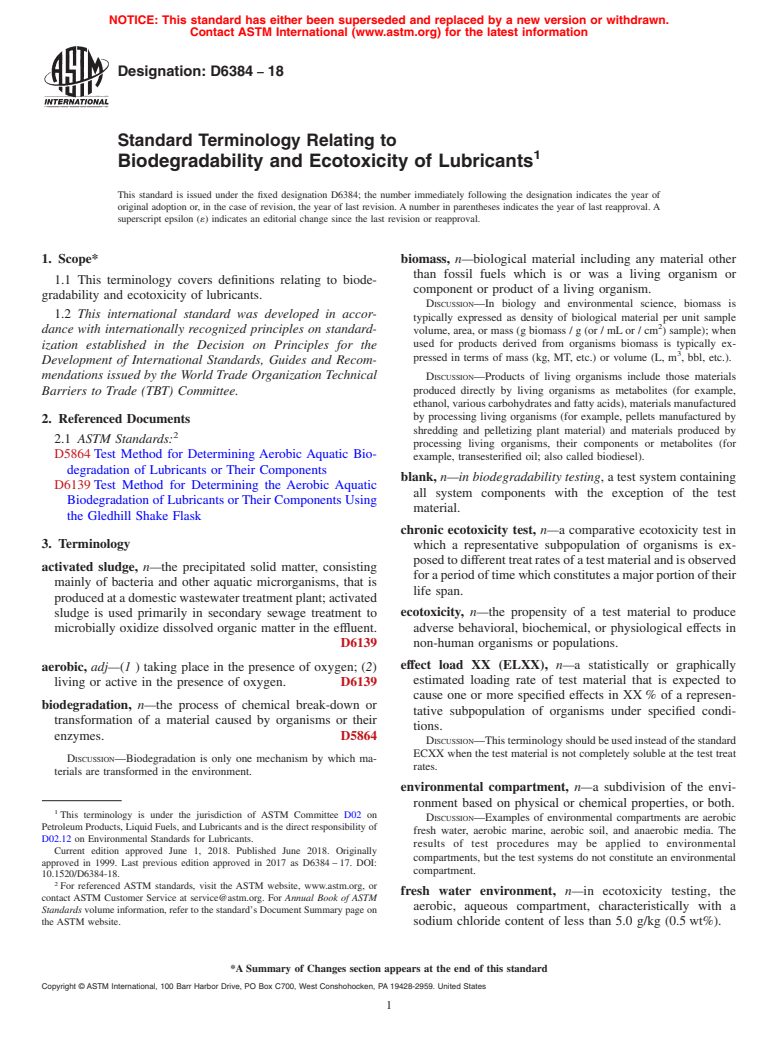 ASTM D6384-18 - Standard Terminology Relating to Biodegradability and Ecotoxicity of Lubricants