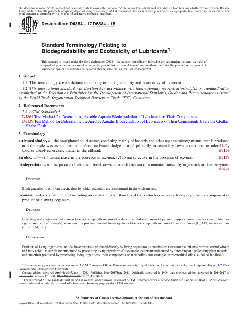 REDLINE ASTM D6384-18 - Standard Terminology Relating to Biodegradability and Ecotoxicity of Lubricants