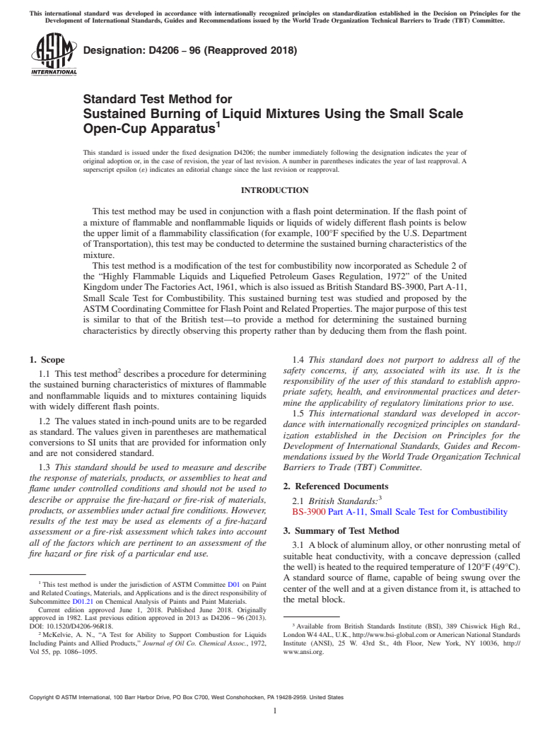 ASTM D4206-96(2018) - Standard Test Method for Sustained Burning of Liquid Mixtures Using the Small Scale   Open-Cup Apparatus