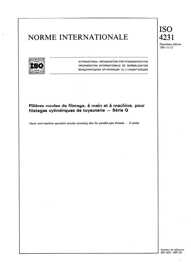 ISO 4231:1987 - Filieres rondes de filetage, a main et a machine, pour filetages cylindriques de tuyauterie -- Série G