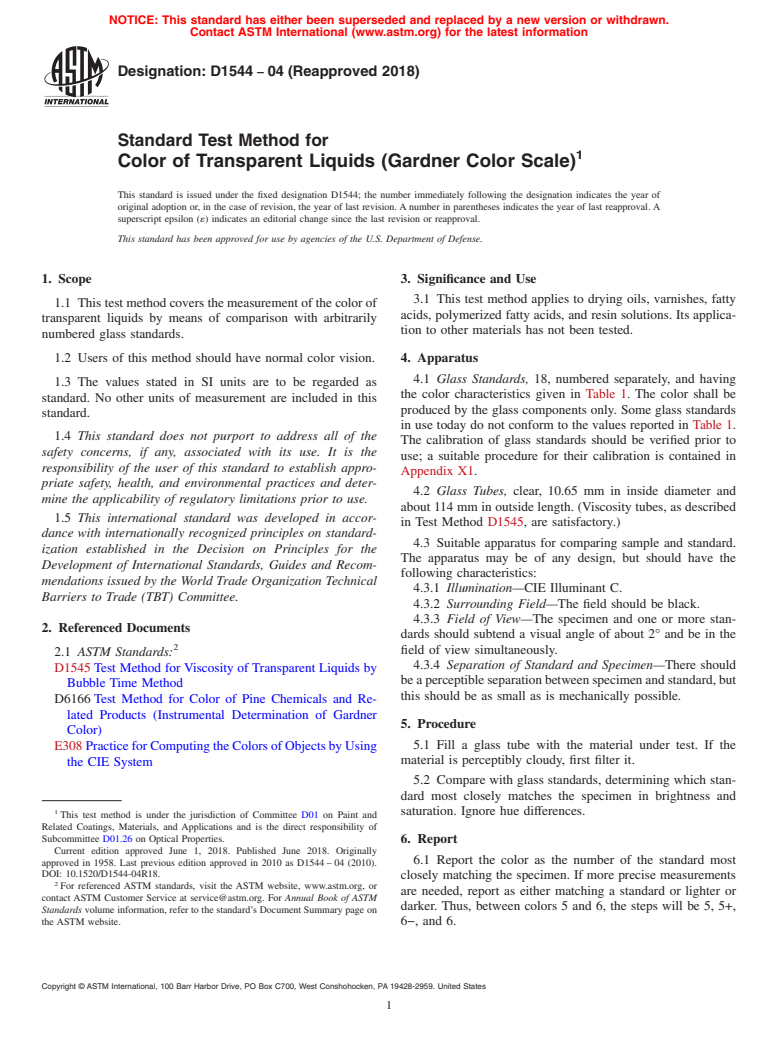 ASTM D1544-04(2018) - Standard Test Method for Color of Transparent Liquids (Gardner Color Scale)