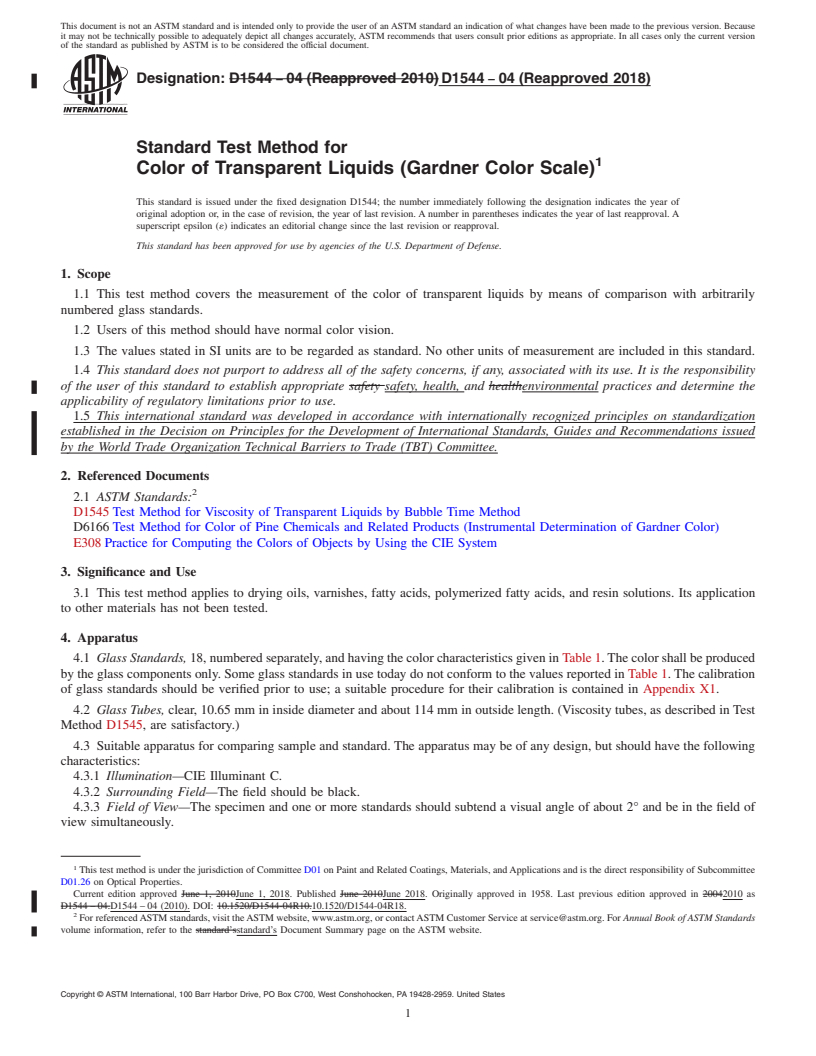 REDLINE ASTM D1544-04(2018) - Standard Test Method for Color of Transparent Liquids (Gardner Color Scale)