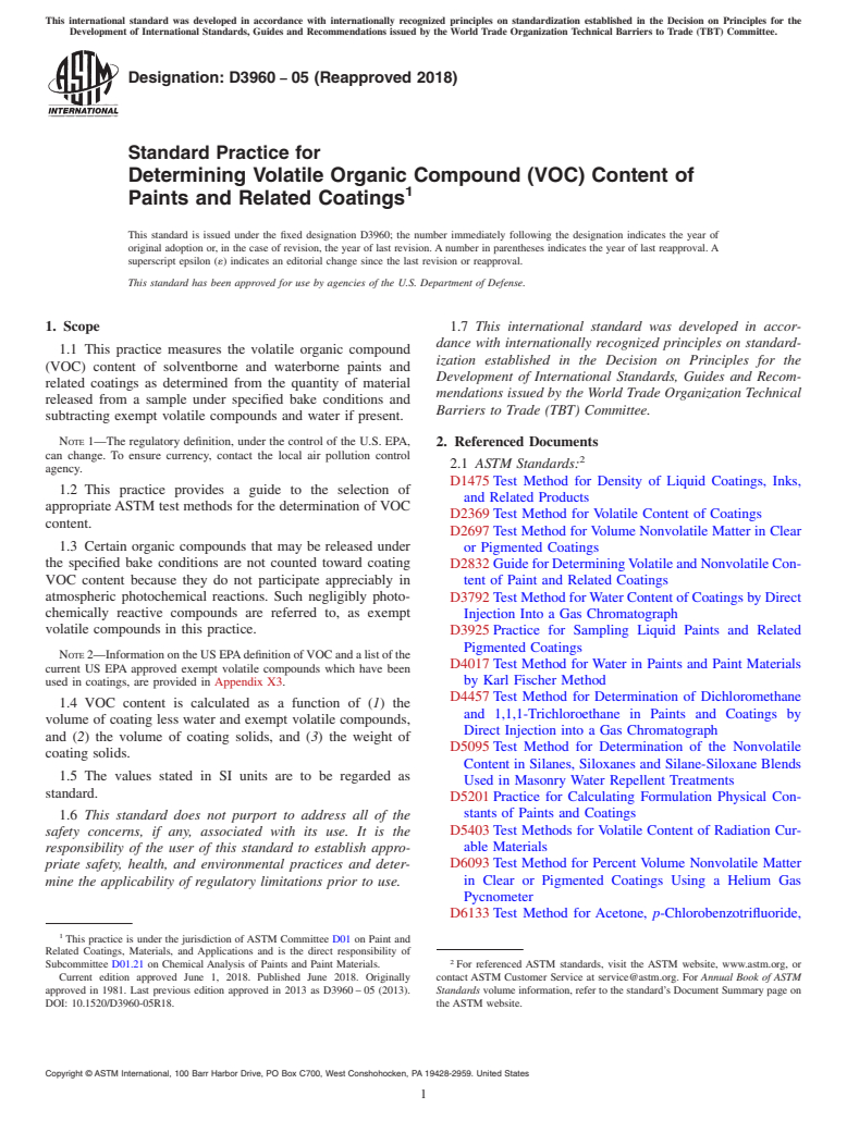 ASTM D3960-05(2018) - Standard Practice for Determining Volatile Organic Compound (VOC) Content of Paints   and Related  Coatings