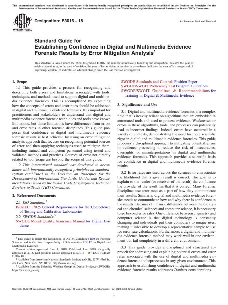 ASTM E3016-18 - Standard Guide for Establishing Confidence in Digital and Multimedia Evidence  Forensic Results by Error Mitigation Analysis