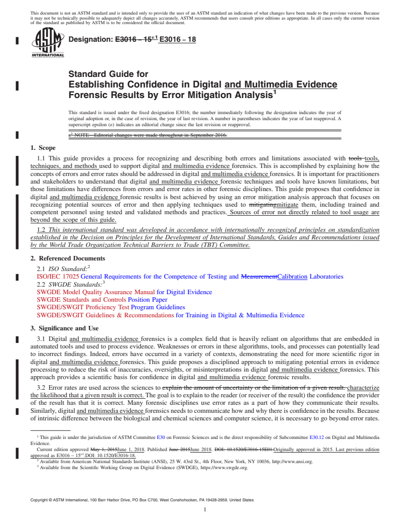 REDLINE ASTM E3016-18 - Standard Guide for Establishing Confidence in Digital and Multimedia Evidence  Forensic Results by Error Mitigation Analysis