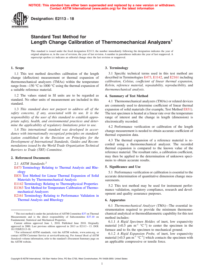 ASTM E2113-18 - Standard Test Method for  Length Change Calibration of Thermomechanical Analyzers