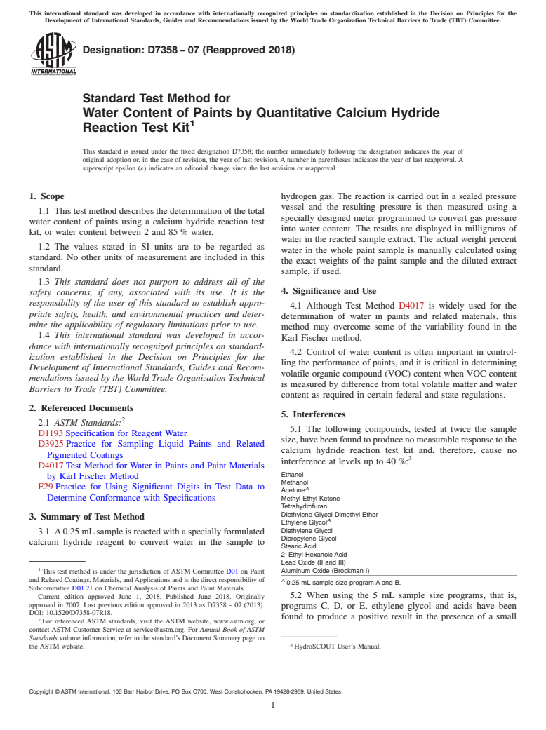 ASTM D7358-07(2018) - Standard Test Method for Water Content of Paints by Quantitative Calcium Hydride  Reaction   Test      Kit