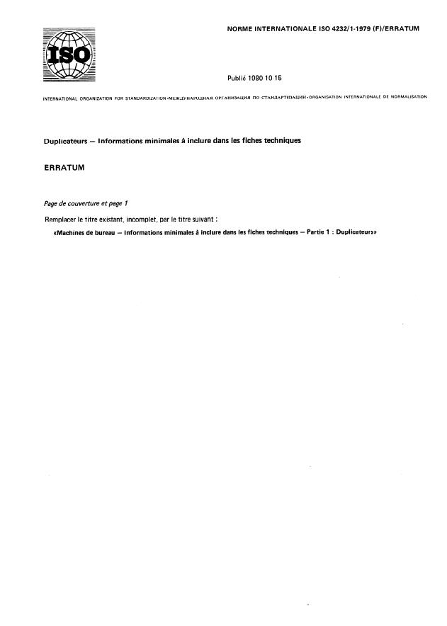 ISO 4232-1:1979 - Duplicateurs -- Informations minimales a inclure dans les fiches techniques