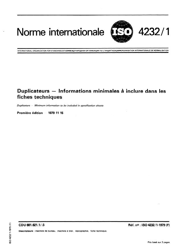 ISO 4232-1:1979 - Duplicateurs -- Informations minimales a inclure dans les fiches techniques