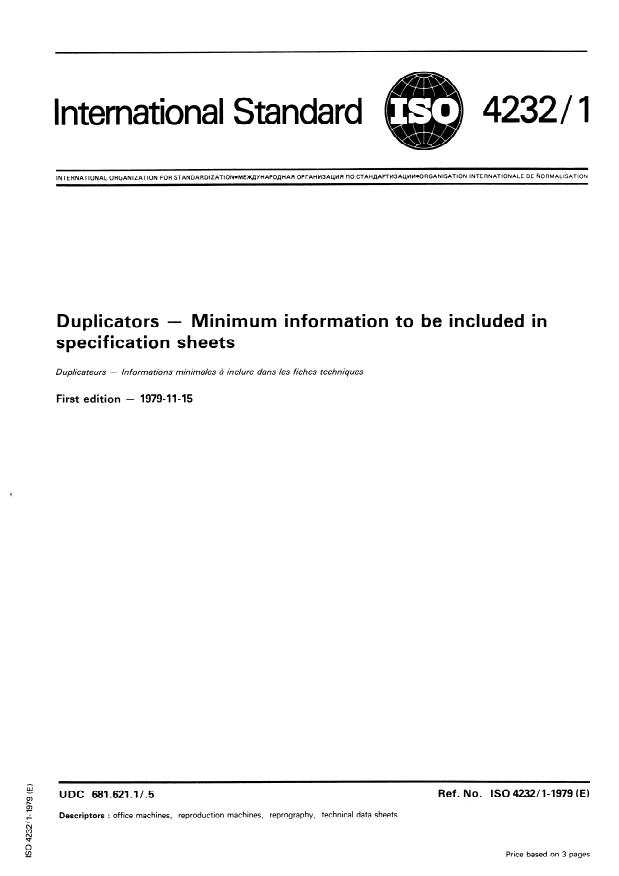 ISO 4232-1:1979 - Duplicators -- Minimum information to be included in specification sheets