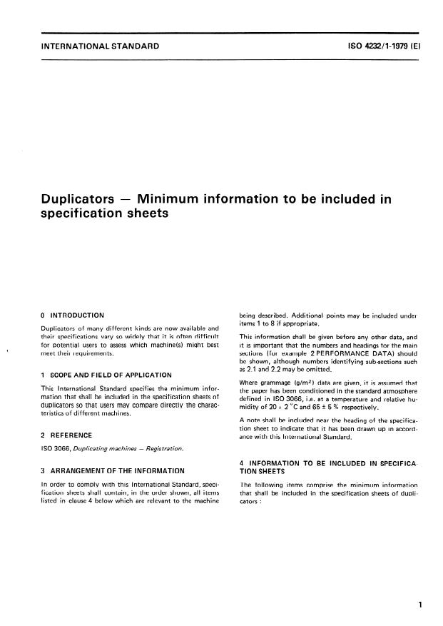 ISO 4232-1:1979 - Duplicators -- Minimum information to be included in specification sheets