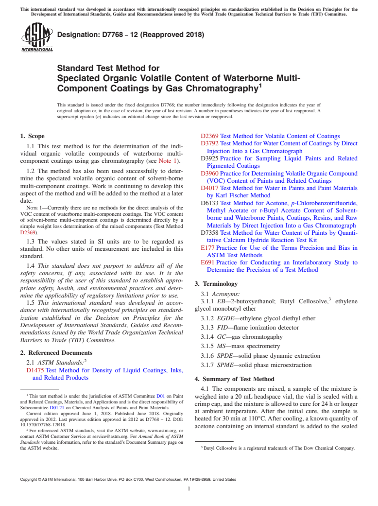 ASTM D7768-12(2018) - Standard Test Method for Speciated Organic Volatile Content of Waterborne Multi-Component  Coatings by Gas Chromatography