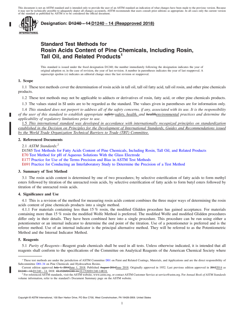 REDLINE ASTM D1240-14(2018) - Standard Test Methods for Rosin Acids Content of Pine Chemicals, Including Rosin, Tall  Oil, and   Related Products