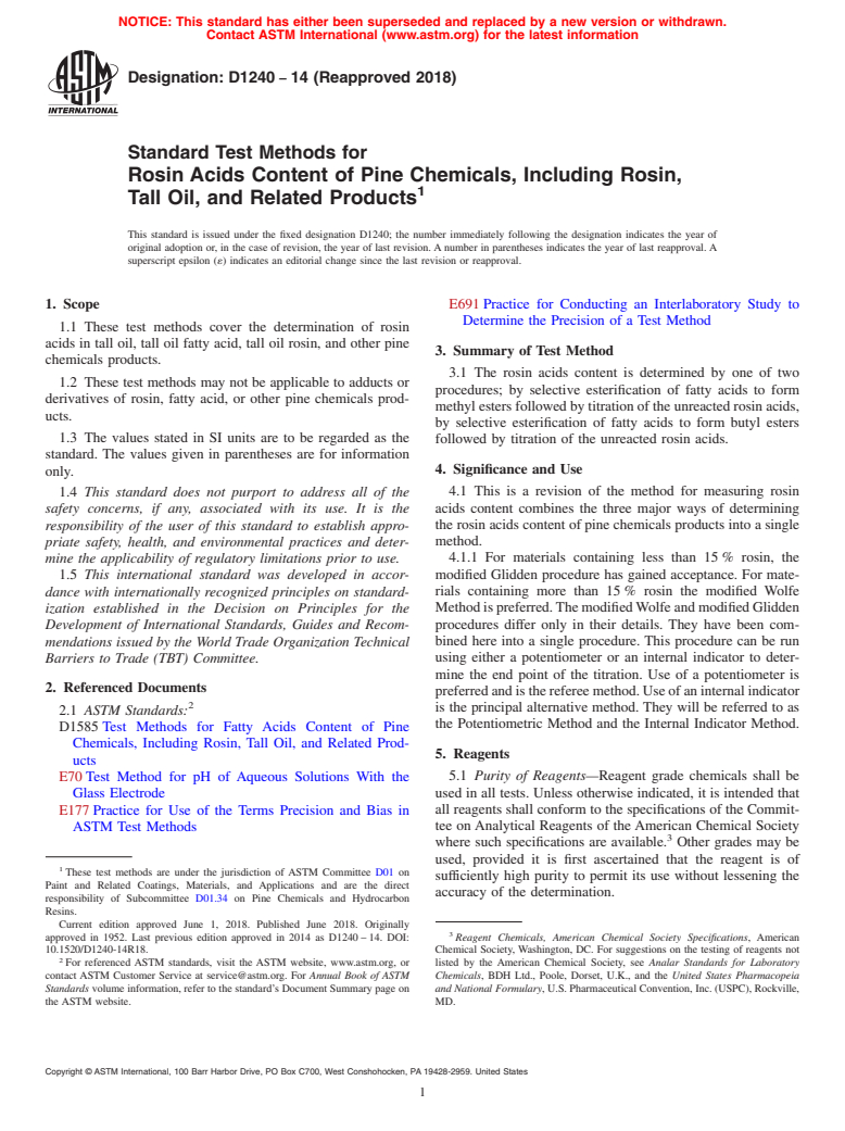 ASTM D1240-14(2018) - Standard Test Methods for Rosin Acids Content of Pine Chemicals, Including Rosin, Tall  Oil, and   Related Products