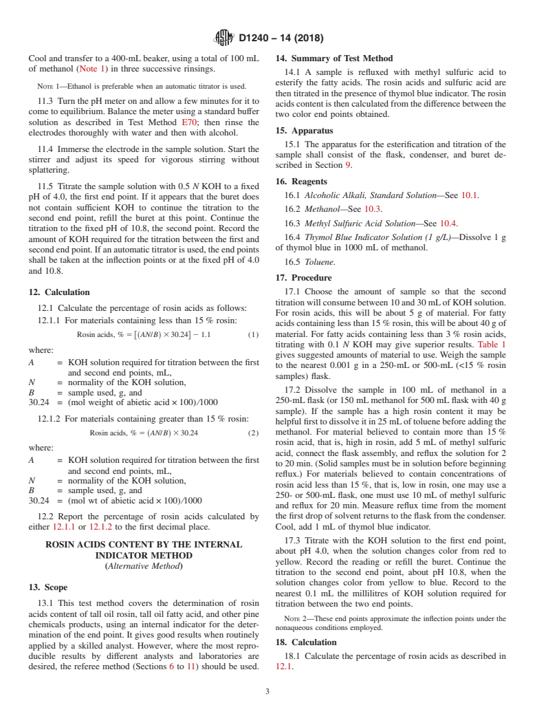 ASTM D1240-14(2018) - Standard Test Methods for Rosin Acids Content of Pine Chemicals, Including Rosin, Tall  Oil, and   Related Products