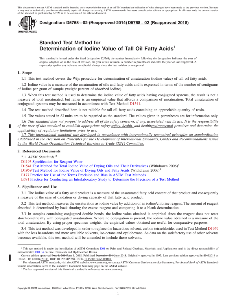 REDLINE ASTM D5768-02(2018) - Standard Test Method for Determination of Iodine Value of Tall Oil Fatty Acids