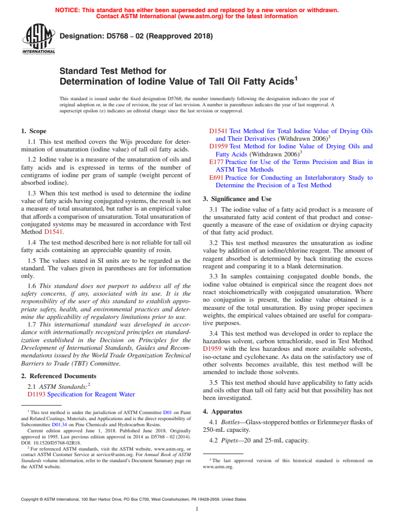 ASTM D5768-02(2018) - Standard Test Method for Determination of Iodine Value of Tall Oil Fatty Acids