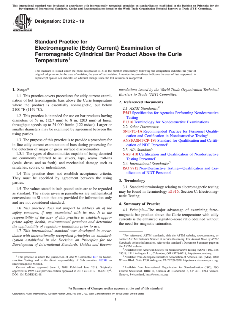 ASTM E1312-18 - Standard Practice for  Electromagnetic (Eddy Current) Examination of Ferromagnetic  Cylindrical Bar Product Above the Curie Temperature