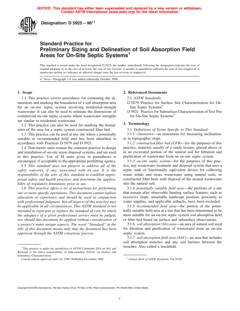 ASTM D5925-96e1 - Standard Practice for Preliminary Sizing and Delineation of Soil Absorption Field Areas for On-Site Septic Systems (Withdrawn 2005)