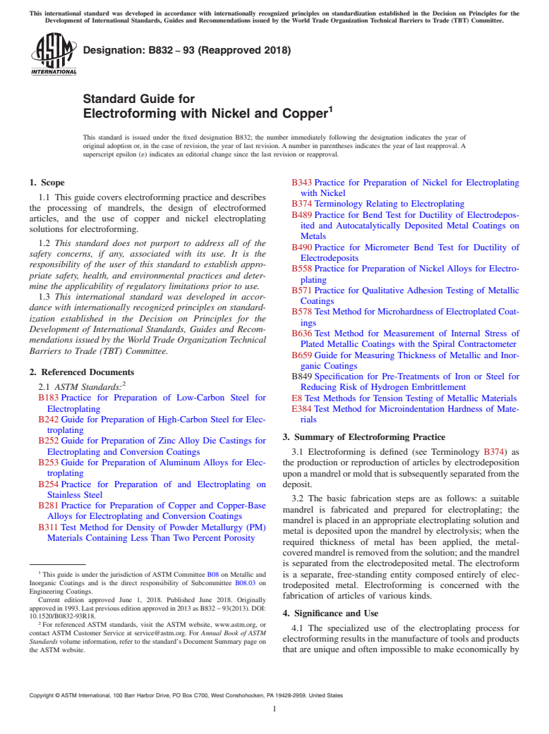 ASTM B832-93(2018) - Standard Guide for  Electroforming with Nickel and Copper