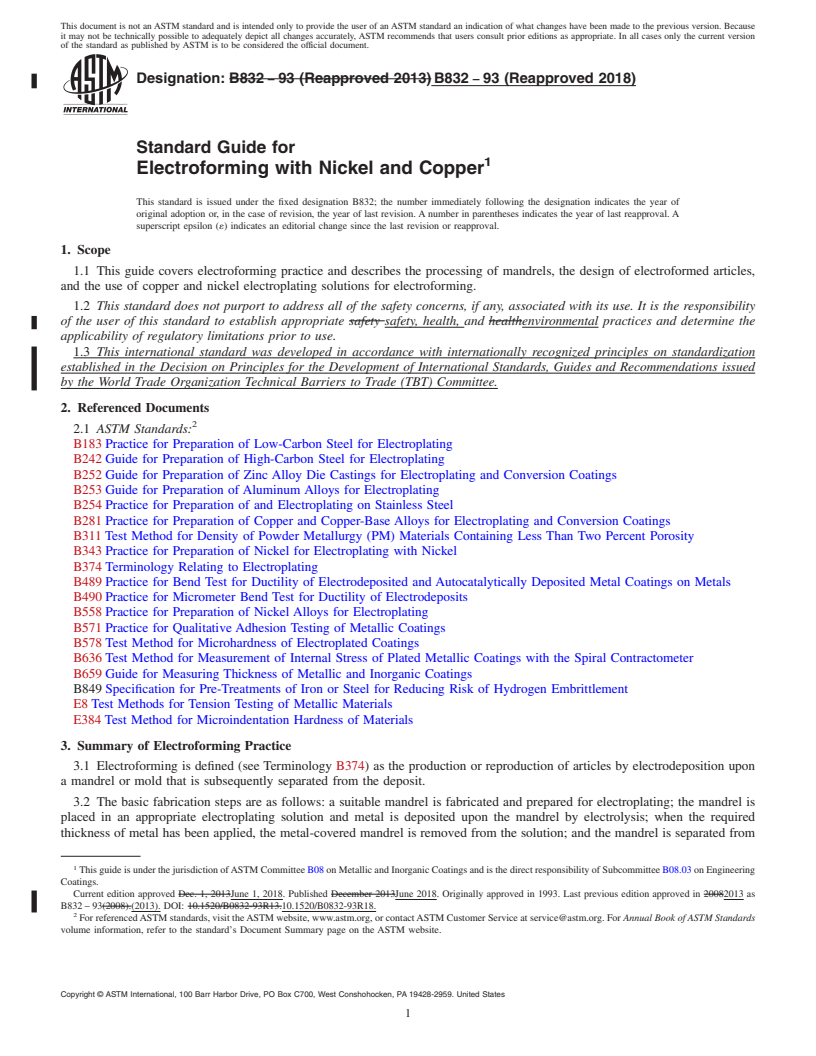 REDLINE ASTM B832-93(2018) - Standard Guide for  Electroforming with Nickel and Copper