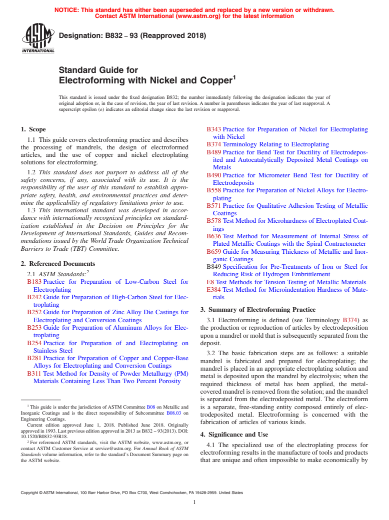 ASTM B832-93(2018) - Standard Guide for  Electroforming with Nickel and Copper