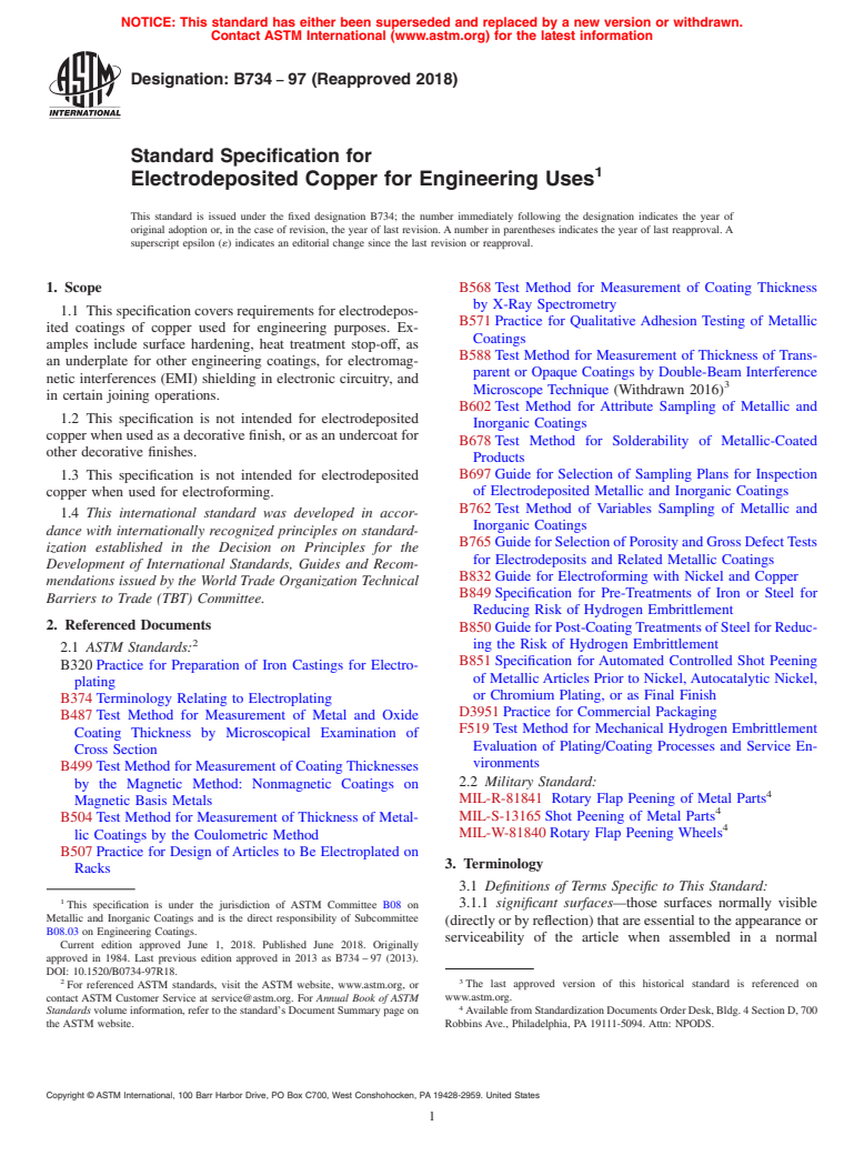 ASTM B734-97(2018) - Standard Specification for  Electrodeposited Copper for Engineering Uses