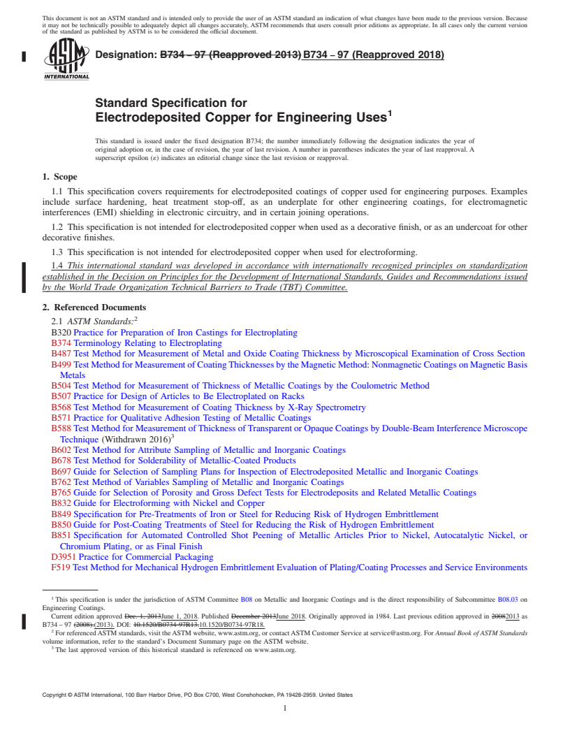 REDLINE ASTM B734-97(2018) - Standard Specification for  Electrodeposited Copper for Engineering Uses