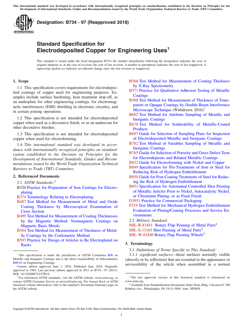 ASTM B734-97(2018) - Standard Specification for  Electrodeposited Copper for Engineering Uses