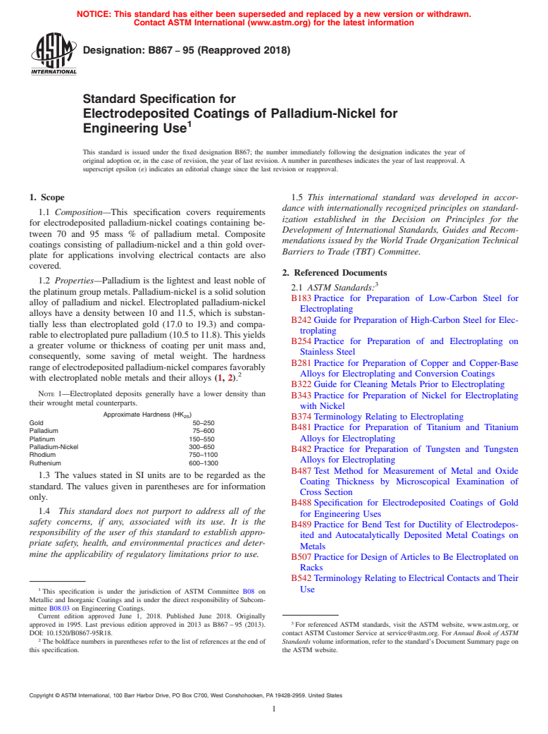 ASTM B867-95(2018) - Standard Specification for  Electrodeposited Coatings of Palladium-Nickel for Engineering  Use