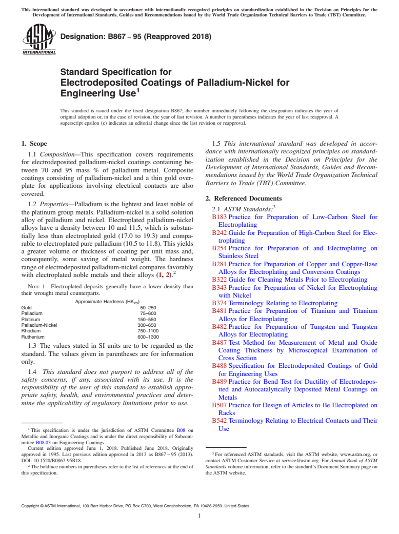 ASTM B867-95(2018) - Standard Specification for  Electrodeposited Coatings of Palladium-Nickel for Engineering  Use