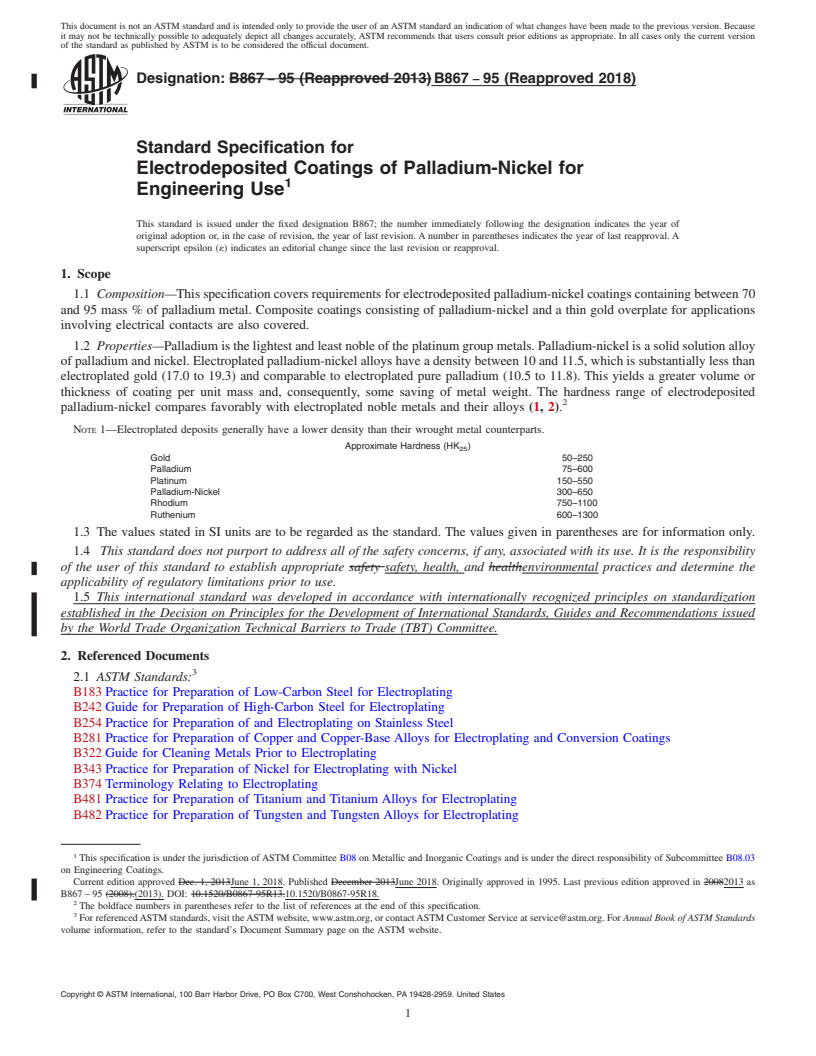 REDLINE ASTM B867-95(2018) - Standard Specification for  Electrodeposited Coatings of Palladium-Nickel for Engineering  Use