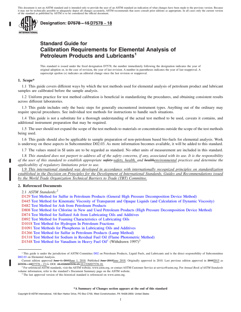 REDLINE ASTM D7578-18 - Standard Guide for  Calibration Requirements for Elemental Analysis of Petroleum  Products and Lubricants